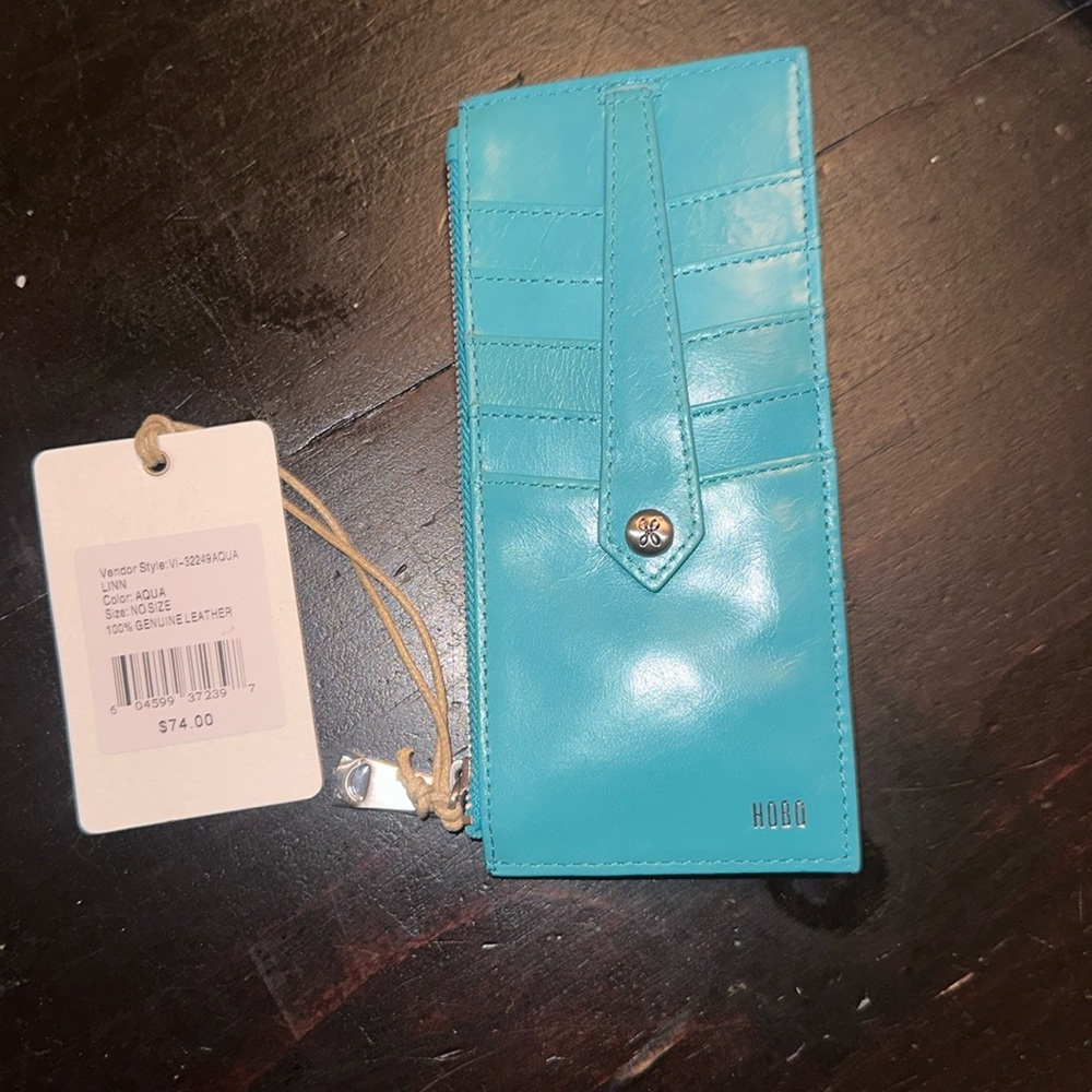 NWT Women's Hobo International Leather Card Case Wallet, Linn, Aqua